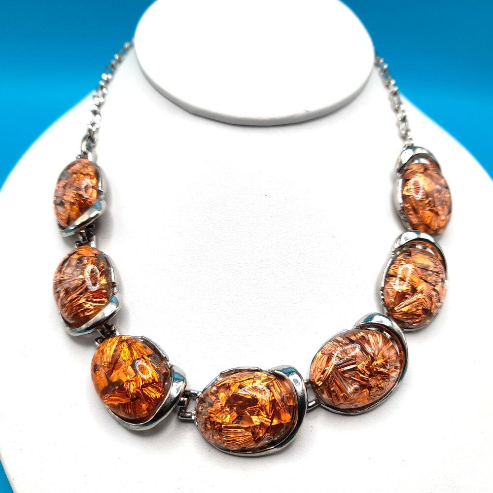 Vintage Gold Leaf Lucite Choker Necklace 1950s Clear Copper Fleck 16”